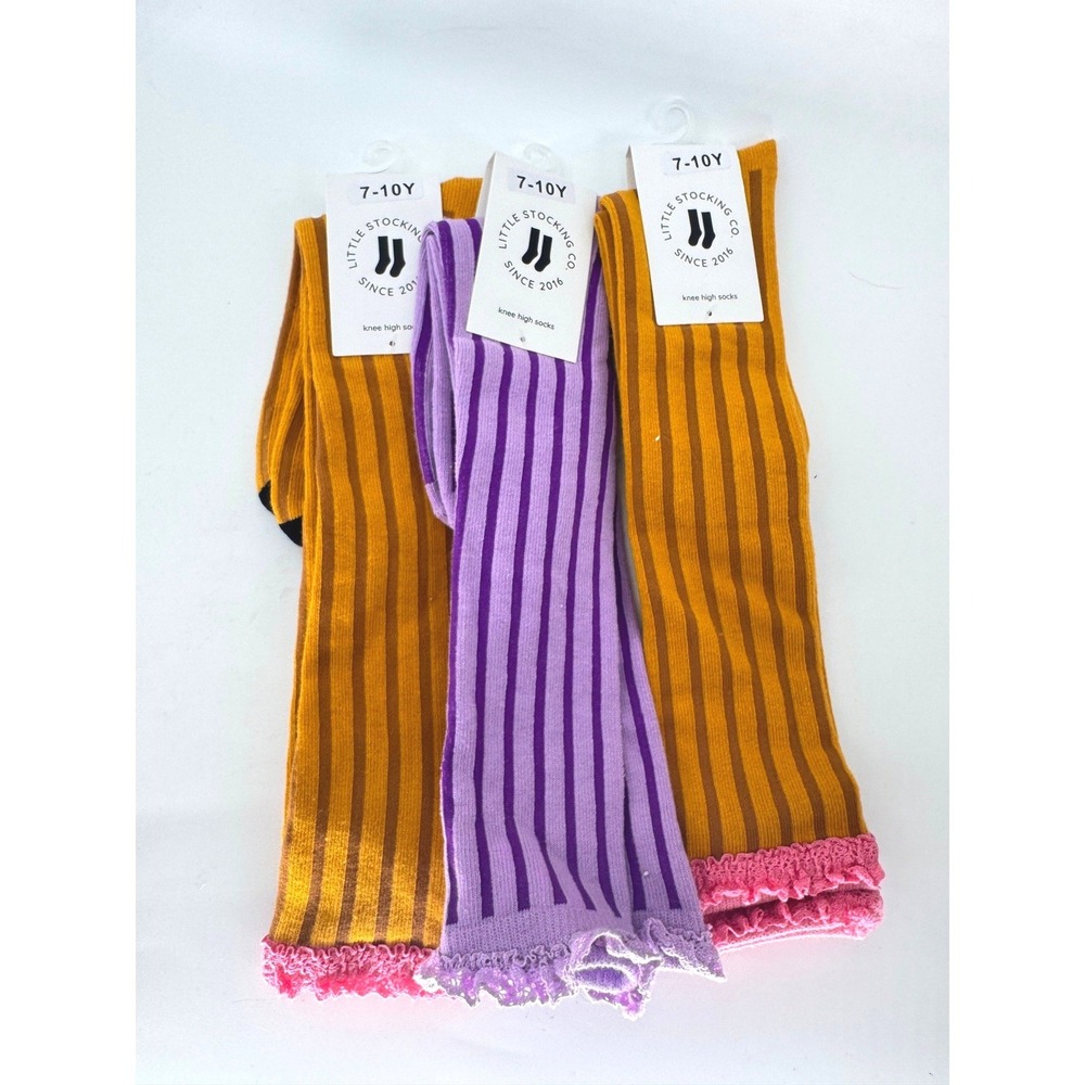Little Stocking Co. Knee High Socks Girls 7-10Y Purple Mustard Lace Trim NWT 3pk